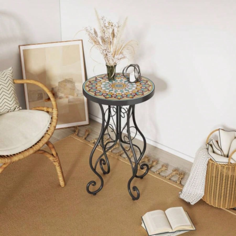 Patio Side Table with Shelf, Brown+Black
