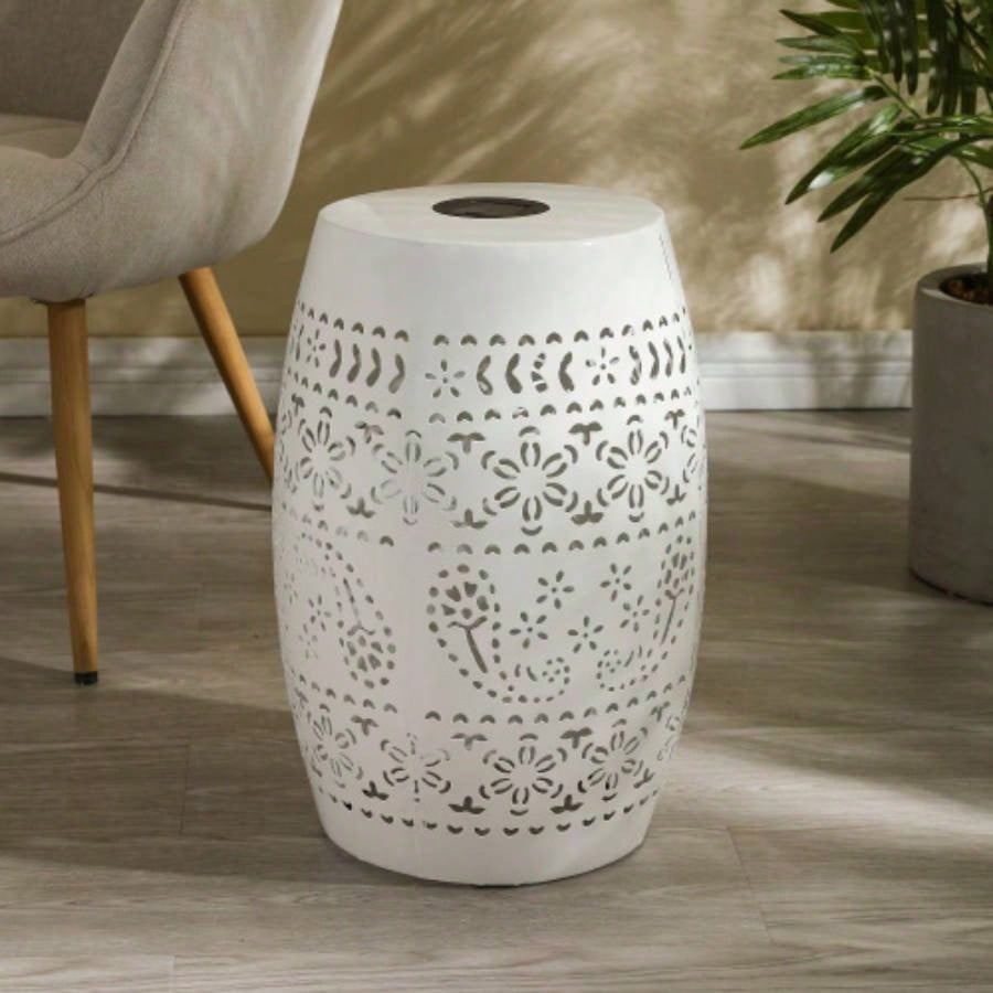 Side Table with Built - in Battery, Stunning Flower Pattern at Night, Friendly and Energy Efficient Outdoor Furniture, Patios Gardens and BackyardsWhite