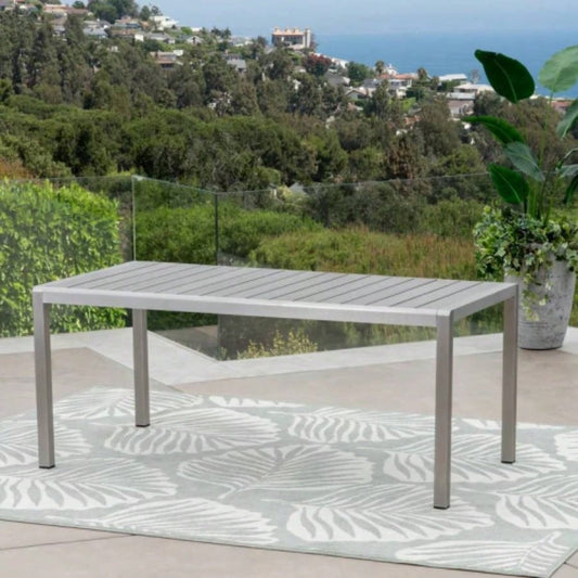 Coral Outdoor Aluminum Dining Table with Faux Wood Top, Gray,