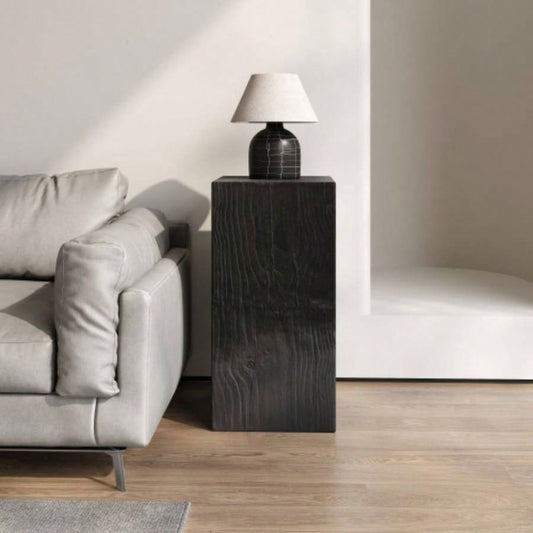 Wood - Look Square - Column MGO End Table, H33.75Wood - Like Distressed, Mix with Different Heights, Indoor Outdoor Use, Black Color