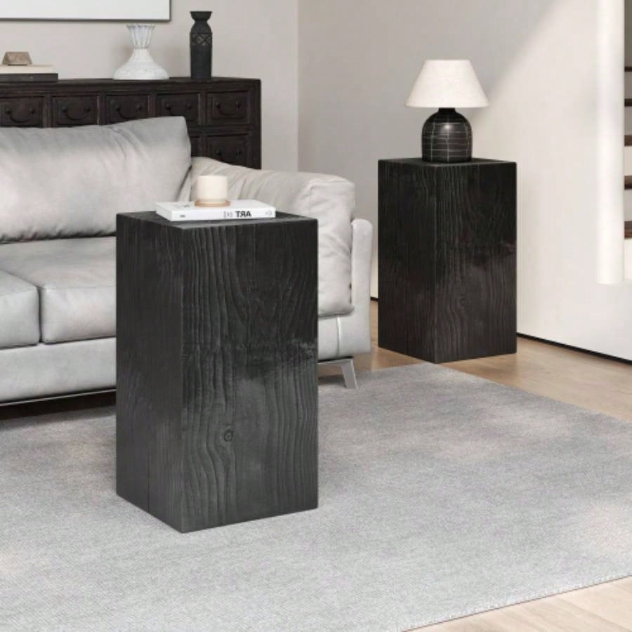 Wood - Look Square - Column MGO End Table, H27.75Wood - Like Distressed, Mix with Different Heights, Indoor Outdoor Use, Black Color