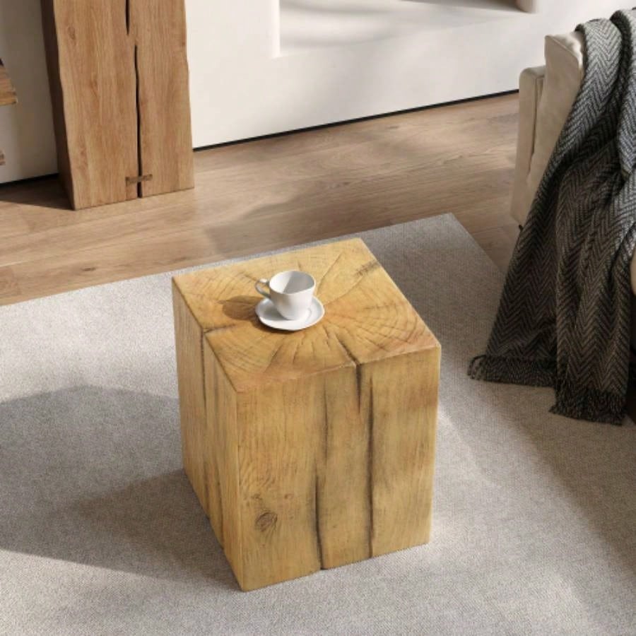 Wood - Look Square - Column MGO End Table, H27.75Wood - Like Distressed, Mix with Different Heights, Indoor Outdoor Use, Black Color