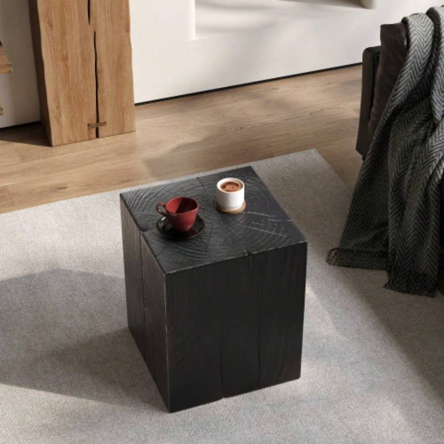 Wood - Look Square - Column MGO End Table, H33.75Wood - Like Distressed, Mix with Different Heights, Indoor Outdoor Use, Black Color