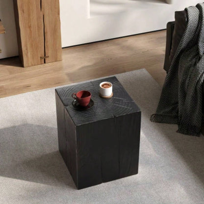 Wood - Look Square - Column MGO End Table, H33.75Wood - Like Distressed, Mix with Different Heights, Indoor Outdoor Use, Black Color
