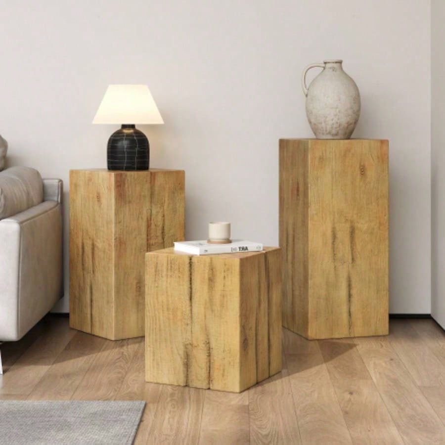 Wood - Look Square - Column MGO End Table, H33.75Wood - Like Distressed, Mix with Different Heights, Indoor Outdoor Use, Black Color