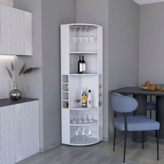 71 Corner Bar Cabinet with Five Shelves, Eight Bottle Cubbies and Stemware, White