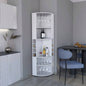 71 Corner Bar Cabinet with Five Shelves, Eight Bottle Cubbies and Stemware, White
