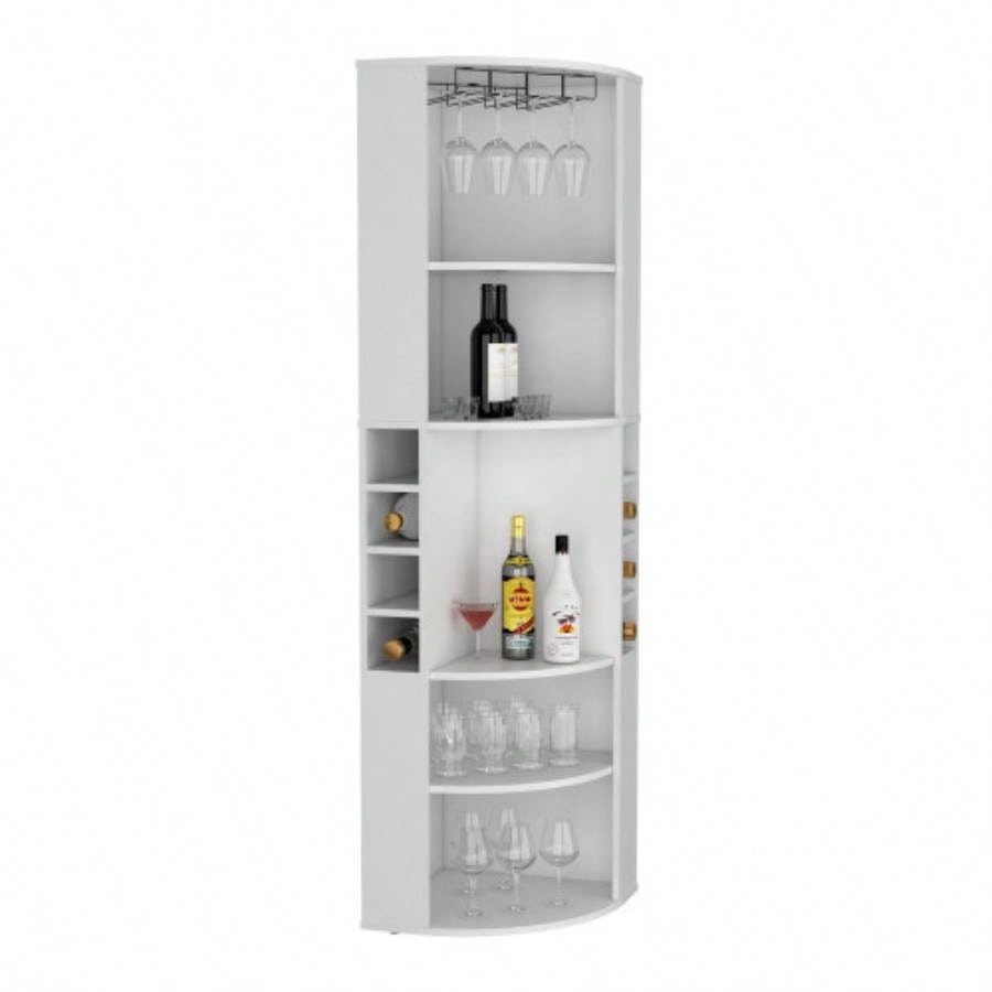 71 Corner Bar Cabinet with Five Shelves, Eight Bottle Cubbies and Stemware, White