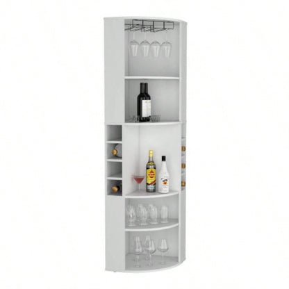 71 Corner Bar Cabinet with Five Shelves, Eight Bottle Cubbies and Stemware, White