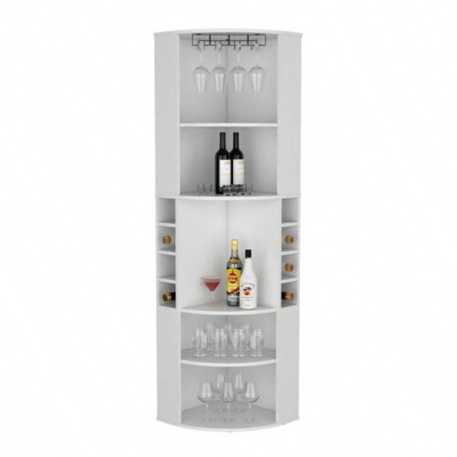 71 Corner Bar Cabinet with Five Shelves, Eight Bottle Cubbies and Stemware, White