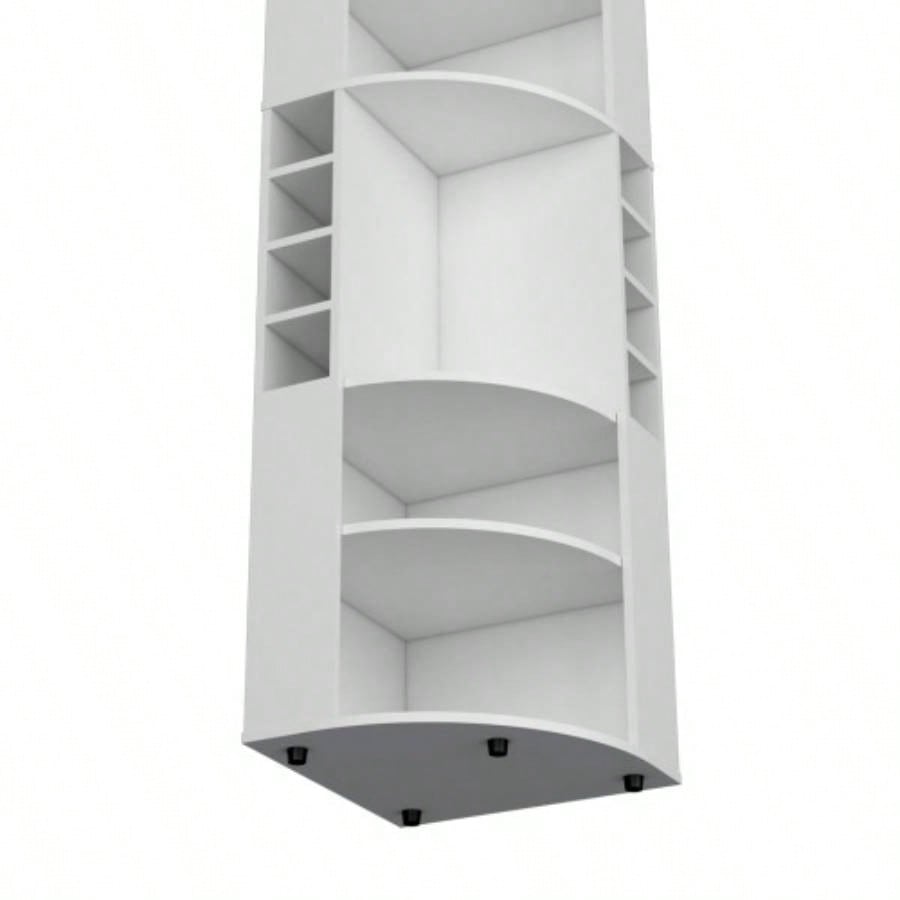 71 Corner Bar Cabinet with Five Shelves, Eight Bottle Cubbies and Stemware, White