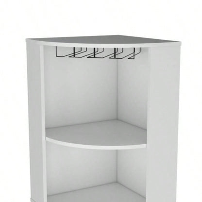 71 Corner Bar Cabinet with Five Shelves, Eight Bottle Cubbies and Stemware, White