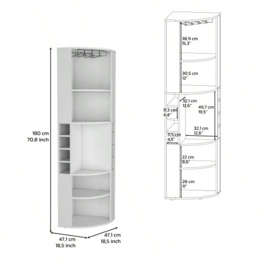 71 Corner Bar Cabinet with Five Shelves, Eight Bottle Cubbies and Stemware, White