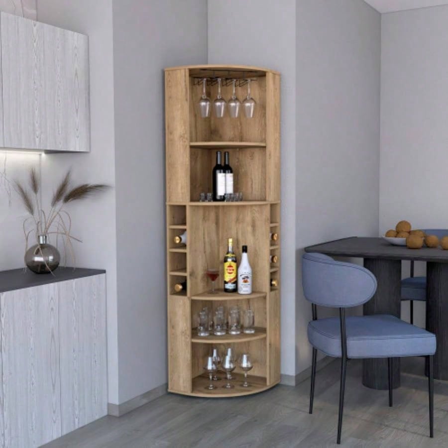 71 Corner Bar Cabinet with Five Shelves, Eight Bottle Cubbies and Stemware, White