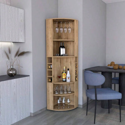 71 Corner Bar Cabinet with Five Shelves, Eight Bottle Cubbies and Stemware, White