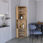 71 Corner Bar Cabinet with Five Shelves, Eight Bottle Cubbies and Stemware, White