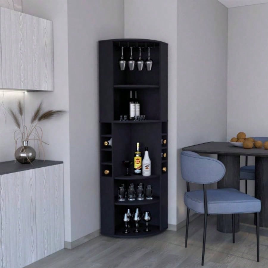 71 Corner Bar Cabinet with Five Shelves, Eight Bottle Cubbies and Stemware, White