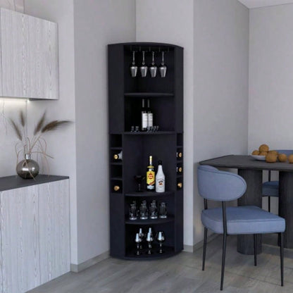 71 Corner Bar Cabinet with Five Shelves, Eight Bottle Cubbies and Stemware, White