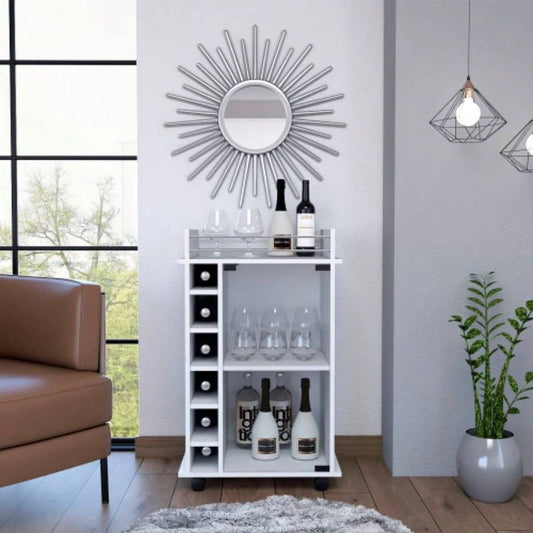Vegas Bar Cart, Two Tier Cabinet With Glass Door, Six Cubbies Liquor
