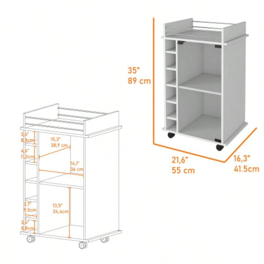 Vegas Bar Cart, Two Tier Cabinet With Glass Door, Six Cubbies Liquor