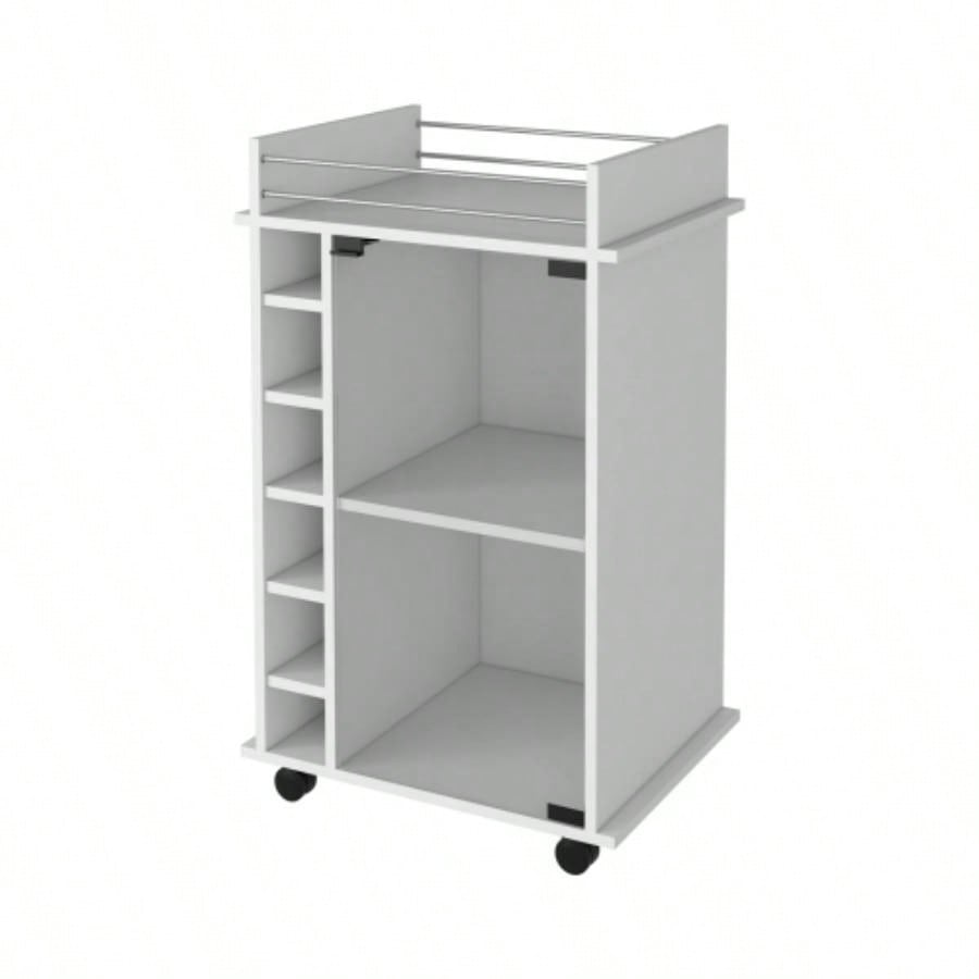 Vegas Bar Cart, Two Tier Cabinet With Glass Door, Six Cubbies Liquor