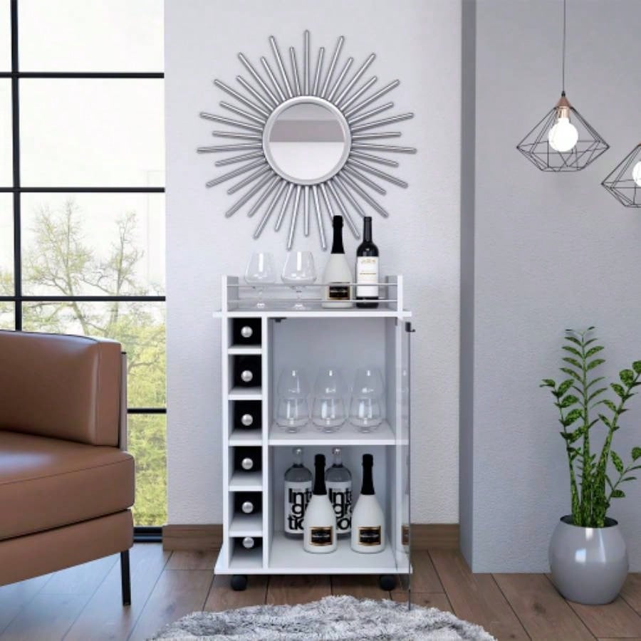Vegas Bar Cart, Two Tier Cabinet With Glass Door, Six Cubbies Liquor