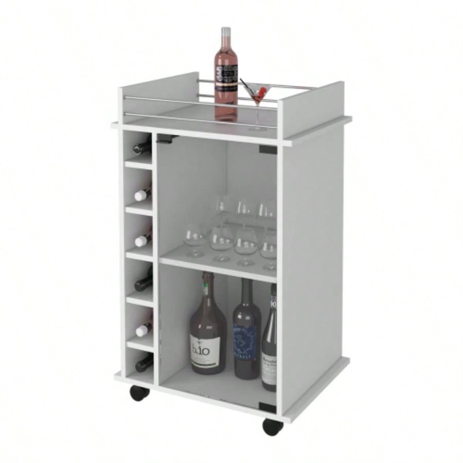Vegas Bar Cart, Two Tier Cabinet With Glass Door, Six Cubbies Liquor