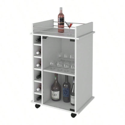 Vegas Bar Cart, Two Tier Cabinet With Glass Door, Six Cubbies Liquor