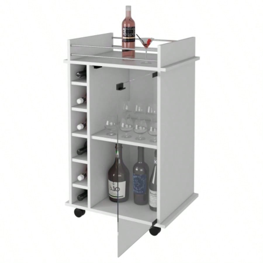 Vegas Bar Cart, Two Tier Cabinet With Glass Door, Six Cubbies Liquor