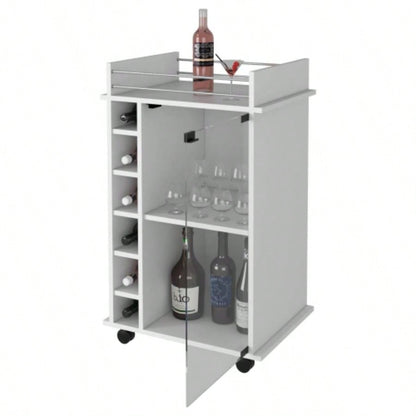 Vegas Bar Cart, Two Tier Cabinet With Glass Door, Six Cubbies Liquor
