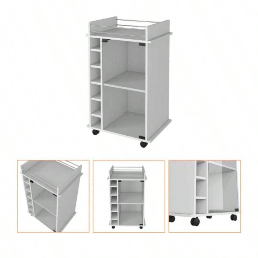 Vegas Bar Cart, Two Tier Cabinet With Glass Door, Six Cubbies Liquor