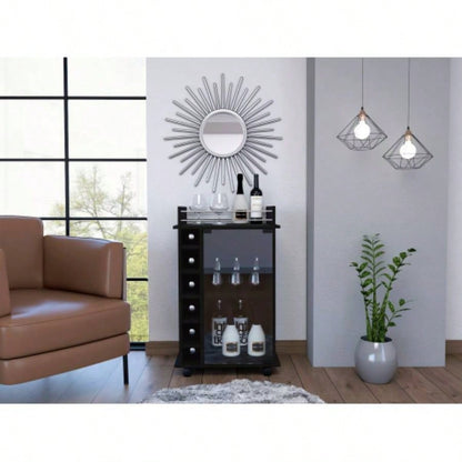 Vegas Bar Cart, Two Tier Cabinet With Glass Door, Six Cubbies Liquor