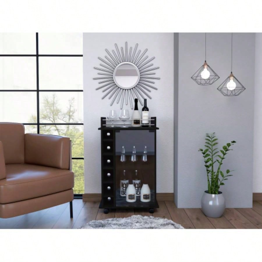 Vegas Bar Cart, Two Tier Cabinet With Glass Door, Six Cubbies Liquor