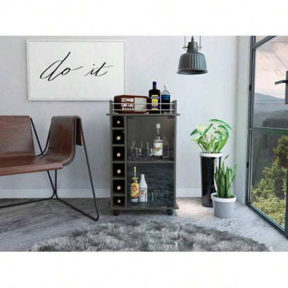 Vegas Bar Cart, Two Tier Cabinet With Glass Door, Six Cubbies Liquor