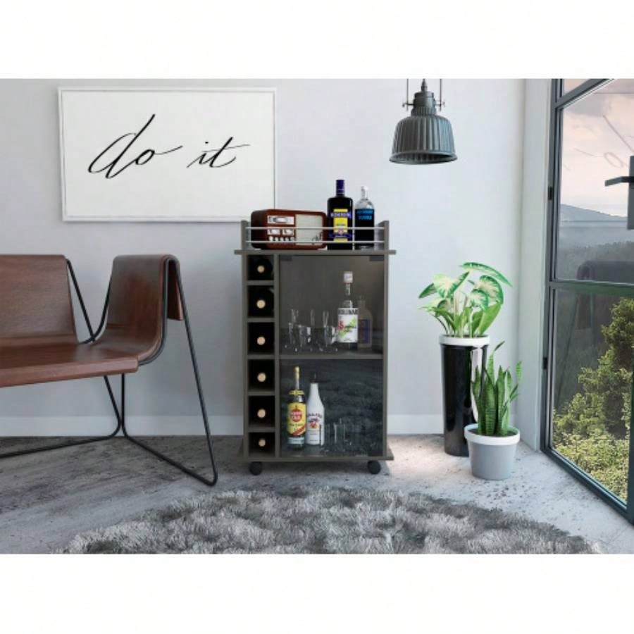 Vegas Bar Cart, Two Tier Cabinet With Glass Door, Six Cubbies Liquor