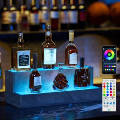 LED Lighted Liquor Bottle Display Shelf, 20 Inch Bar Display Shelf, Illuminated Bottle Shelf with App Remote Control, 2 Step Freestanding Holding Bottles Home Bar, Party,