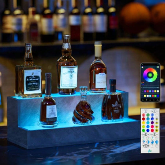 LED Lighted Liquor Bottle Display Shelf, 20 Inch Bar Display Shelf, Illuminated Bottle Shelf with App Remote Control, 2 Step Freestanding Holding Bottles Home Bar, Party,