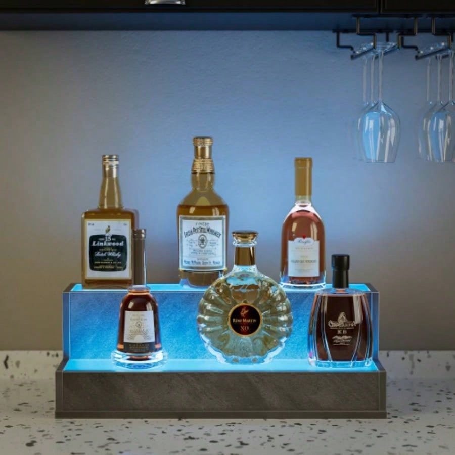 LED Lighted Liquor Bottle Display Shelf, 20 Inch Bar Display Shelf, Illuminated Bottle Shelf with App Remote Control, 2 Step Freestanding Holding Bottles Home Bar, Party,