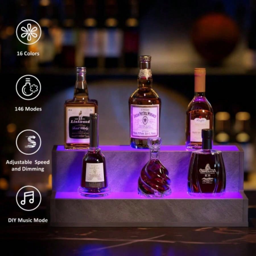 LED Lighted Liquor Bottle Display Shelf, 20 Inch Bar Display Shelf, Illuminated Bottle Shelf with App Remote Control, 2 Step Freestanding Holding Bottles Home Bar, Party,