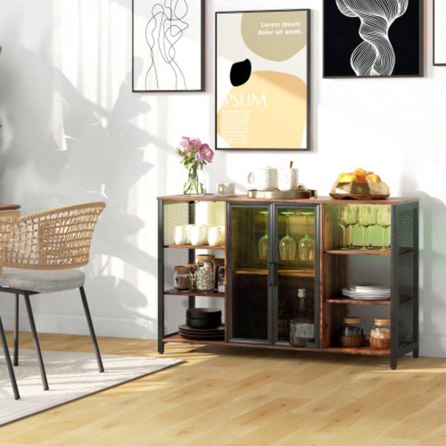 HOMCOM LED Wine Cabinet with Charging Station Glass Holders, Rustic Brown