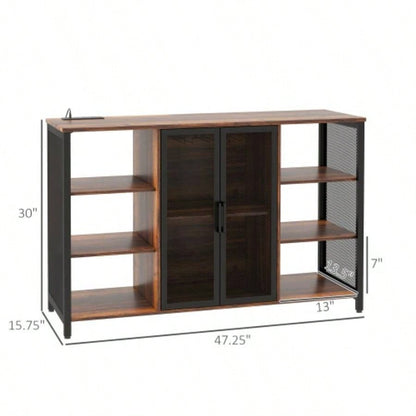 HOMCOM LED Wine Cabinet with Charging Station Glass Holders, Rustic Brown