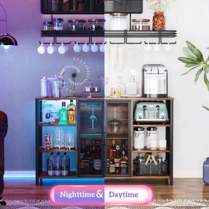 HOMCOM LED Wine Cabinet with Charging Station Glass Holders, Rustic Brown