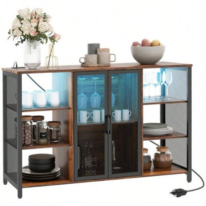HOMCOM LED Wine Cabinet with Charging Station Glass Holders, Rustic Brown