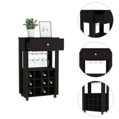 Bar Cart, Twelve Built - in Wine Rack, Four, One Open Shelf - Black
