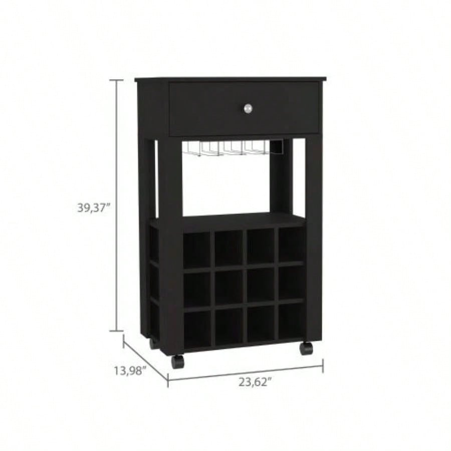 Bar Cart, Twelve Built - in Wine Rack, Four, One Open Shelf - Black