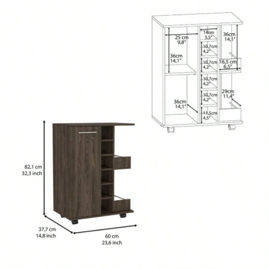 Bar Cart, Four Casters, Single Door Cabinet, Two External Shelves, Dark Walnut