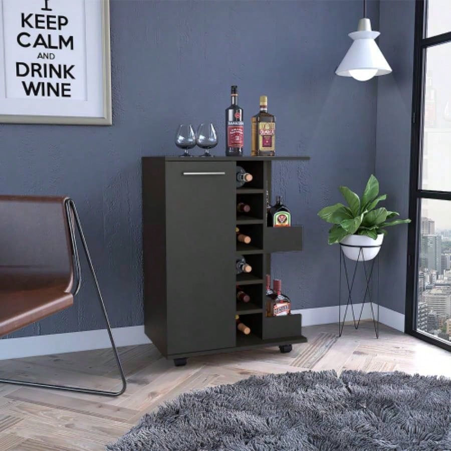 Bar Cart, Four Casters, Single Door Cabinet, Two External Shelves, Dark Walnut