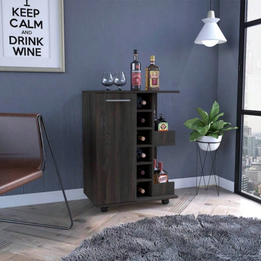 Bar Cart, Four Casters, Single Door Cabinet, Two External Shelves, Dark Walnut
