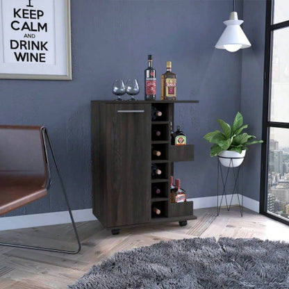 Bar Cart, Four Casters, Single Door Cabinet, Two External Shelves, Dark Walnut