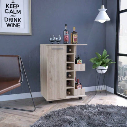 Bar Cart, Four Casters, Single Door Cabinet, Two External Shelves, Dark Walnut